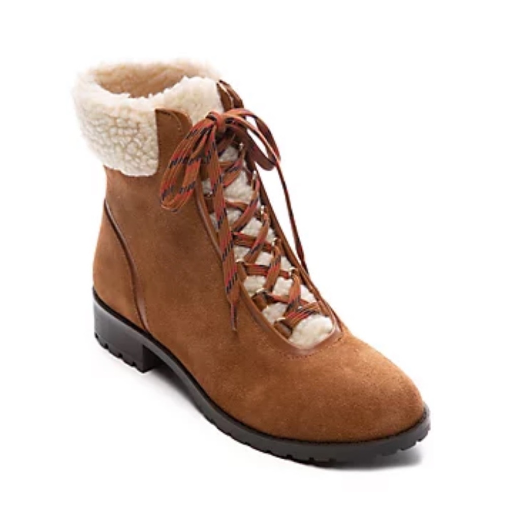NEW! CROWN & IVY Ankle Boot June Suede Sherpa Trim Cushioned Cognac Brown Size 8